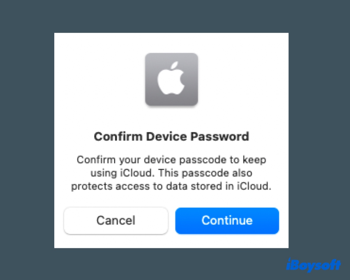 iCloudの使用を続けるためにデバイスのパスワードを確認